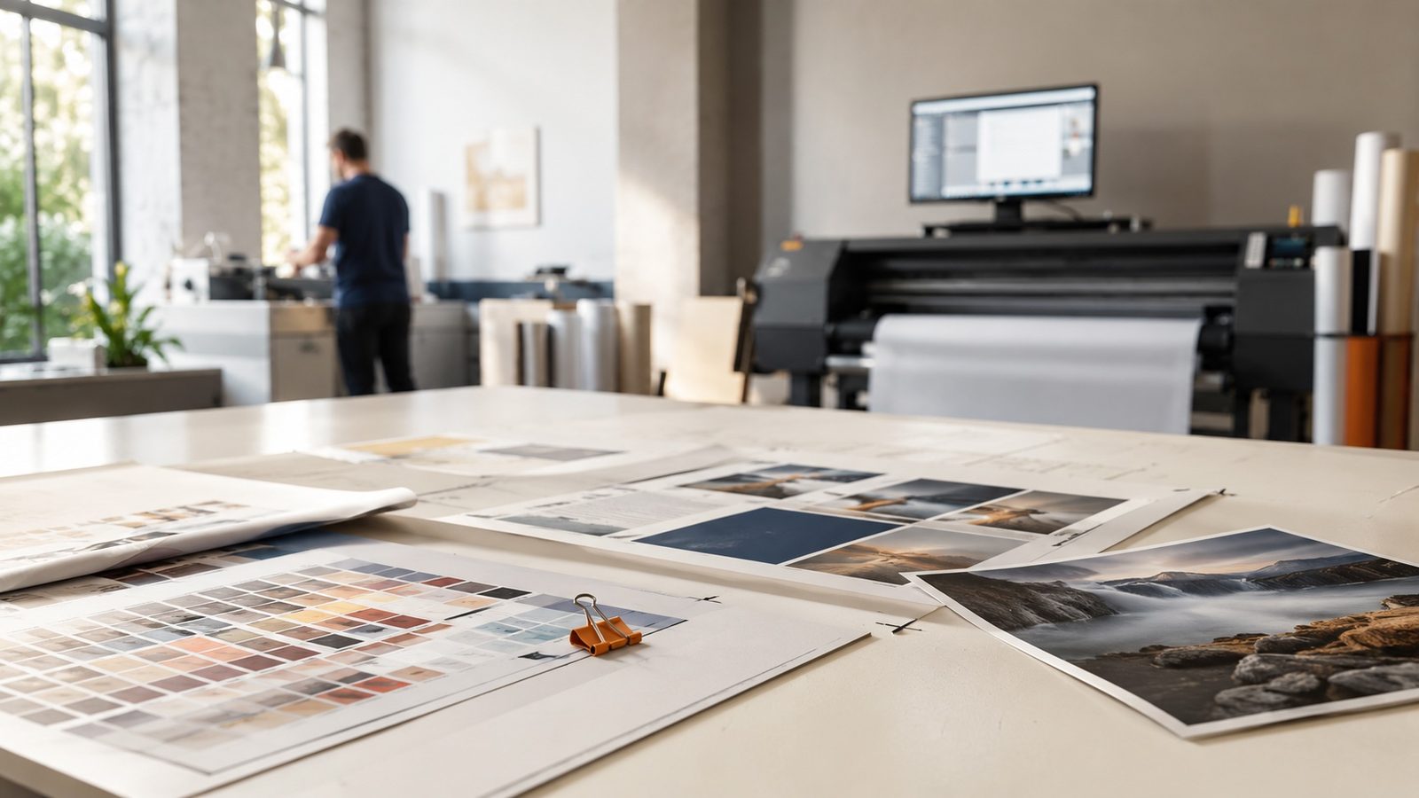 Atelier Graphic Ouest — plan de travail avec tirages et fichier prêt à imprimer