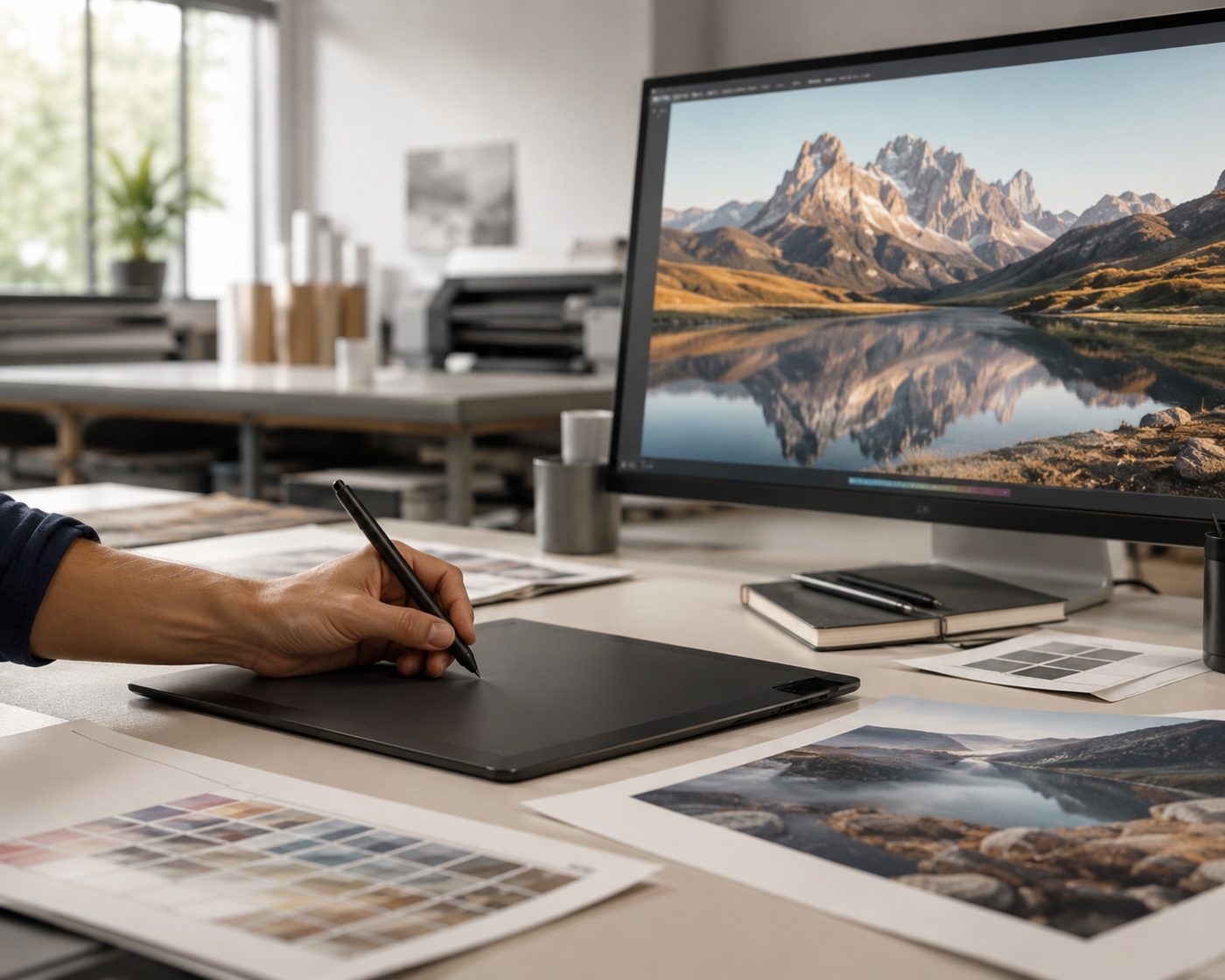 Studio graphique Graphic Ouest — main sur tablette avec fichier en cours de retouche