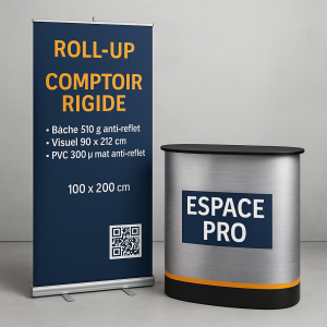 Pack Promo – Comptoir 90×215 + Roll-up 85×200 | Stand complet en Sarthe