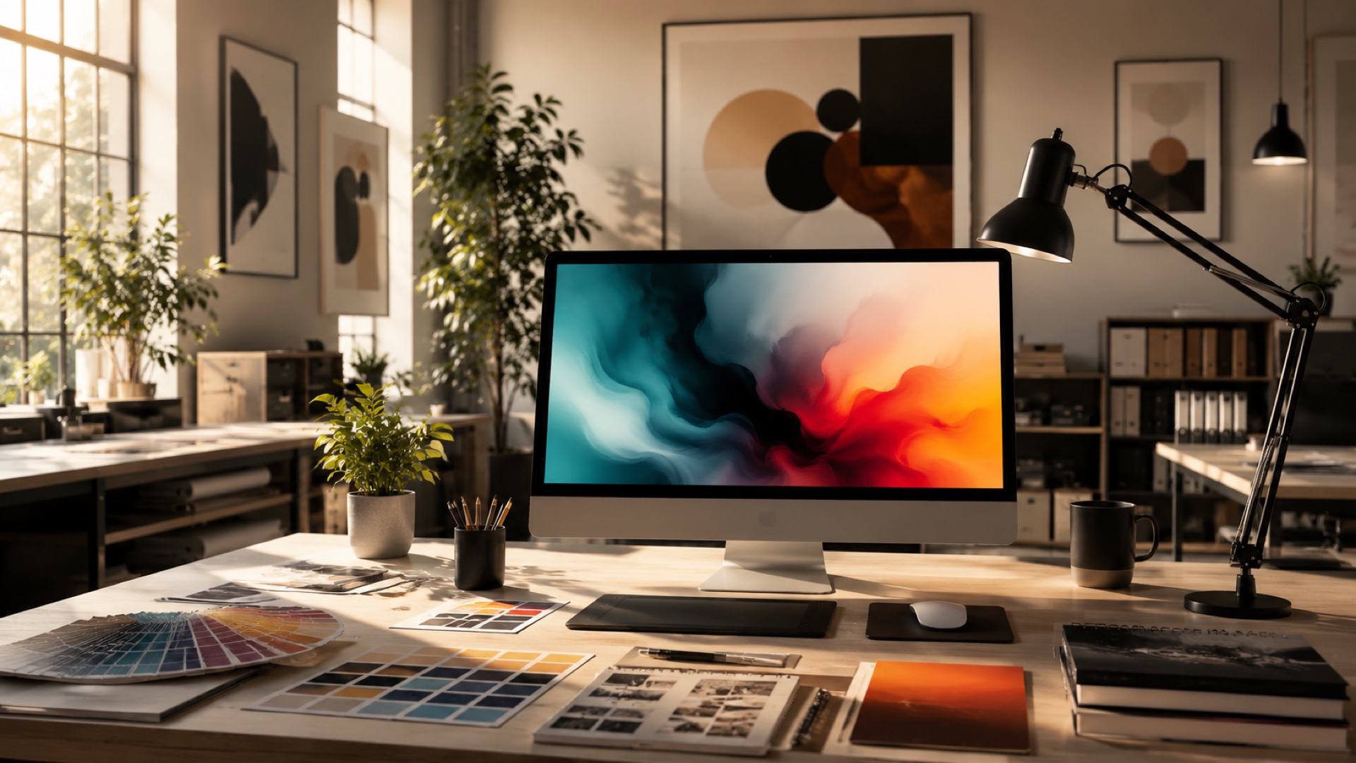 Atelier infographie — bureau design avec iMac, nuanciers et outils PAO en Sarthe